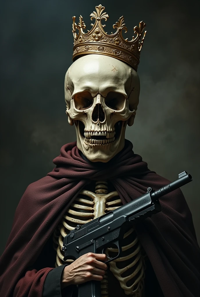 Skull and gun together with crown