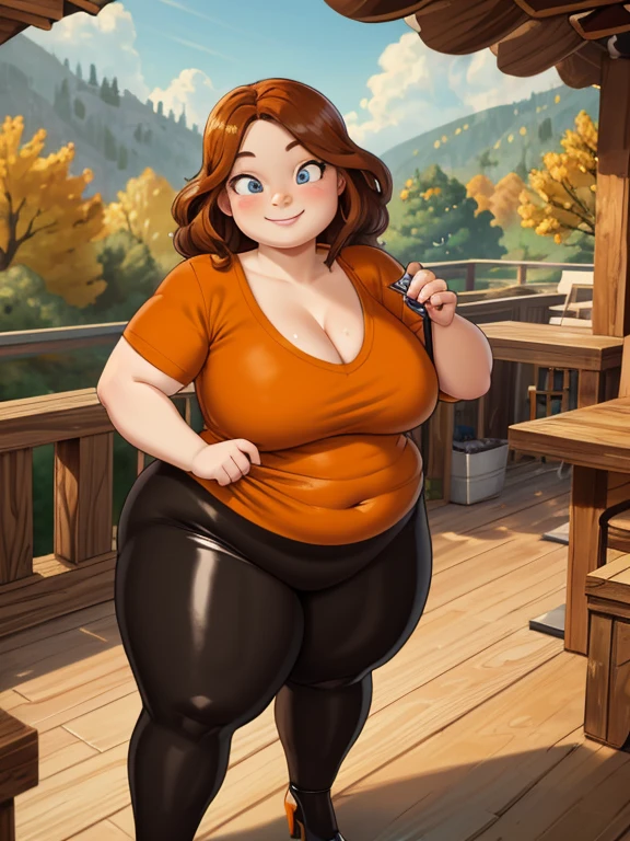 masterpiece, best quality, 1girl, portrait, 44 year old woman, shoulder-length brown hair with some curly, blue eyes, medium breasts, round face, fat face, fat, round belly, plump body, thick thighs, cleavage, ((Wearing: Orange V-neck shirt, Black shiny leggings and heels)), smile, standing, looking at viewer with a gleeful expression, holding a wine glass filled with yellow liquid, the woman's appearance must reflect on her charming personality. (Background: Outdoors, wooden deck, sunny day, view of the Redwood forest)
