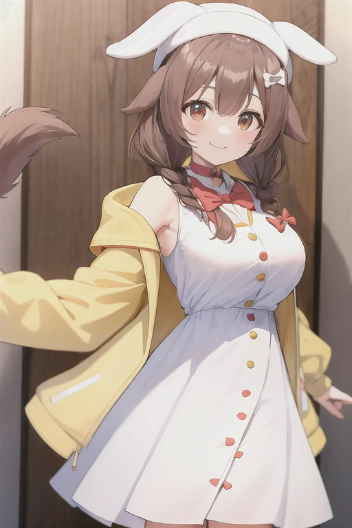 Korone, smile, dog girl, dog ears, dog tail, twin braids, sidelocks, hair ornament, ((white dress)), yellow jacket, bow, dress, jacket, open clothes, open jacket, red bow, short dress, sleeveless dress, large breasts, thick thighs, mature female, bandana, scarf, hourglass figure