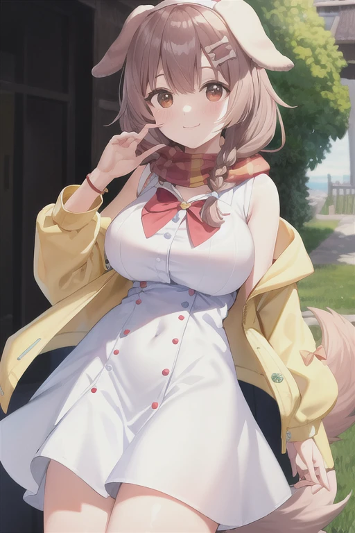 Korone, smile, dog girl, dog ears, dog tail, twin braids, sidelocks, hair ornament, ((white dress)), yellow jacket, bow, dress, jacket, open clothes, open jacket, red bow, short dress, sleeveless dress, large breasts, thick thighs, mature female, bandana, scarf, hourglass figure