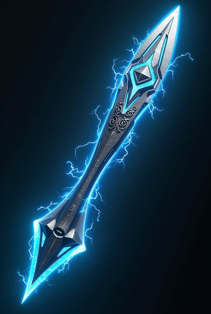 create this object, A spear that emits bursts of electrified solar energy, the metallic material appears to stretch and mold into a new shape, maintaining the electric blue glow in details and edges. Each weapon maintains an aesthetic touch reminiscent of the original necklace, with engraved symbols that glow with electricity.