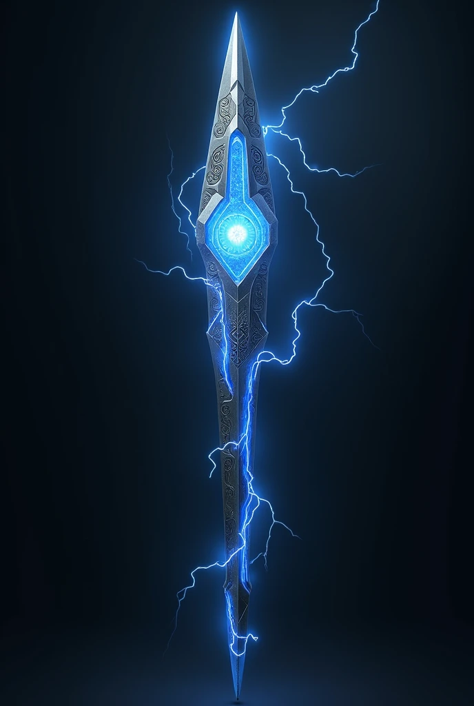 create this object, A spear that emits bursts of electrified solar energy, the metallic material appears to stretch and mold into a new shape, maintaining the electric blue glow in details and edges. Each weapon maintains an aesthetic touch reminiscent of the original necklace, with engraved symbols that glow with electricity.