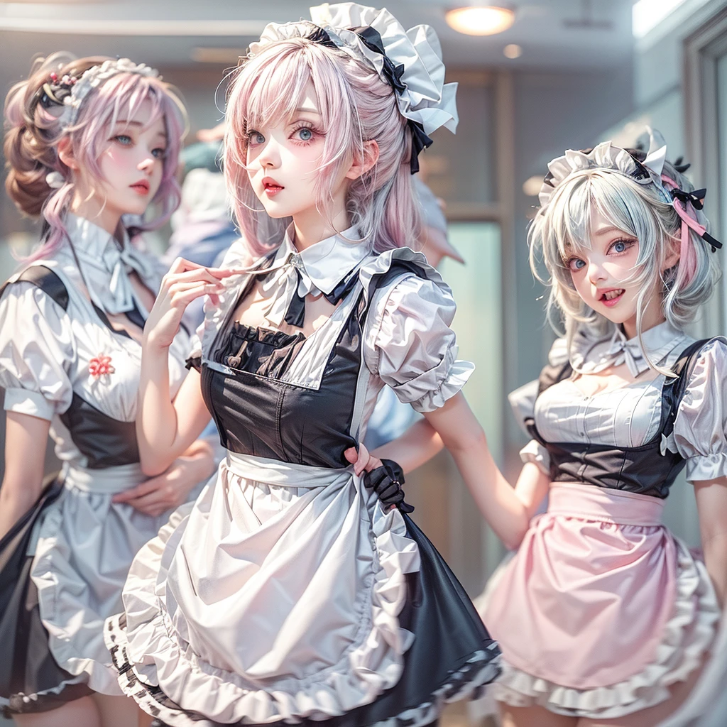 (Full Body of Extremely Detailed((Sexy Maid Group in a row:1.37))), KAWAII perfect face, Reflective Eyes, Detailed(Delicate Clothing textures), Correct Leg Line, Dynamic Joyful Expressions LifeLike Rendering, Specular Reflection, TopQuality 8K Ultra-detailed masterpiece (ProfessionalPhoto:1.37), (Acutance:0.8), (Luminism:1.28), (Renaissance art style), Colorful Light particles, ((Full body from side)), {Kissing|Thigh Gap|AssFocus|(NakedApron with Overflowing SideBoob)}, Radiant Fine Skin with Transparency, (Exposed:0.4), (Different types of Anime hair color){Pink Hair|Blue Hair|Platinum Blonde|Pure White Hair|Liquid Hair}, Perfect Lighting 