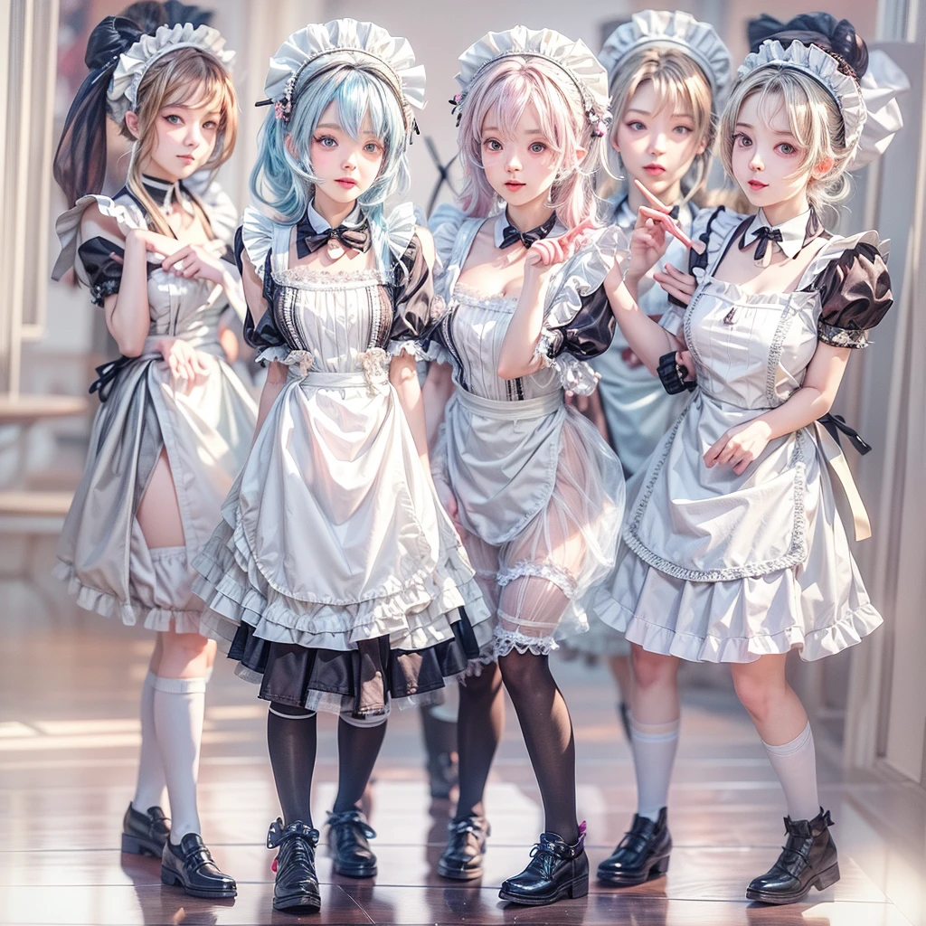 (Full Body of Extremely Detailed((Kawaii Maid Group in a row:1.37))), Childish perfect face, Reflective Eyes, Detailed(Delicate Clothing textures), Correct Leg Line, Dynamic Joyful Expressions LifeLike Rendering, Specular Reflection, TopQuality 8K Ultra-detailed masterpiece (ProfessionalPhoto:1.37), (Acutance:0.8), (Luminism:1.28), (Renaissance art style), Colorful Light particles, ((Full body from side)), {MicroMini(SkirtLift)|Kissing|Breast Lifting|??????????|Thigh Gap}, Radiant Fine Skin with Transparency, (Exposed:0.5), (Different types of Anime hair color){Pink Hair|Light Blue Hair|Pure White Hair}, Perfect Lighting 