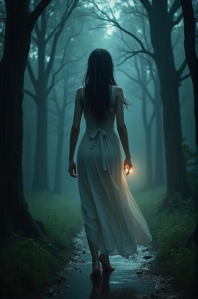A classic PS2 horror game in 3D, released in the year 2000, presents a captivating female character, influenced by Fatal Frame. She has braids and wears a white dress with a bow in the middle..
In a forest at night with a flashlight in the rain