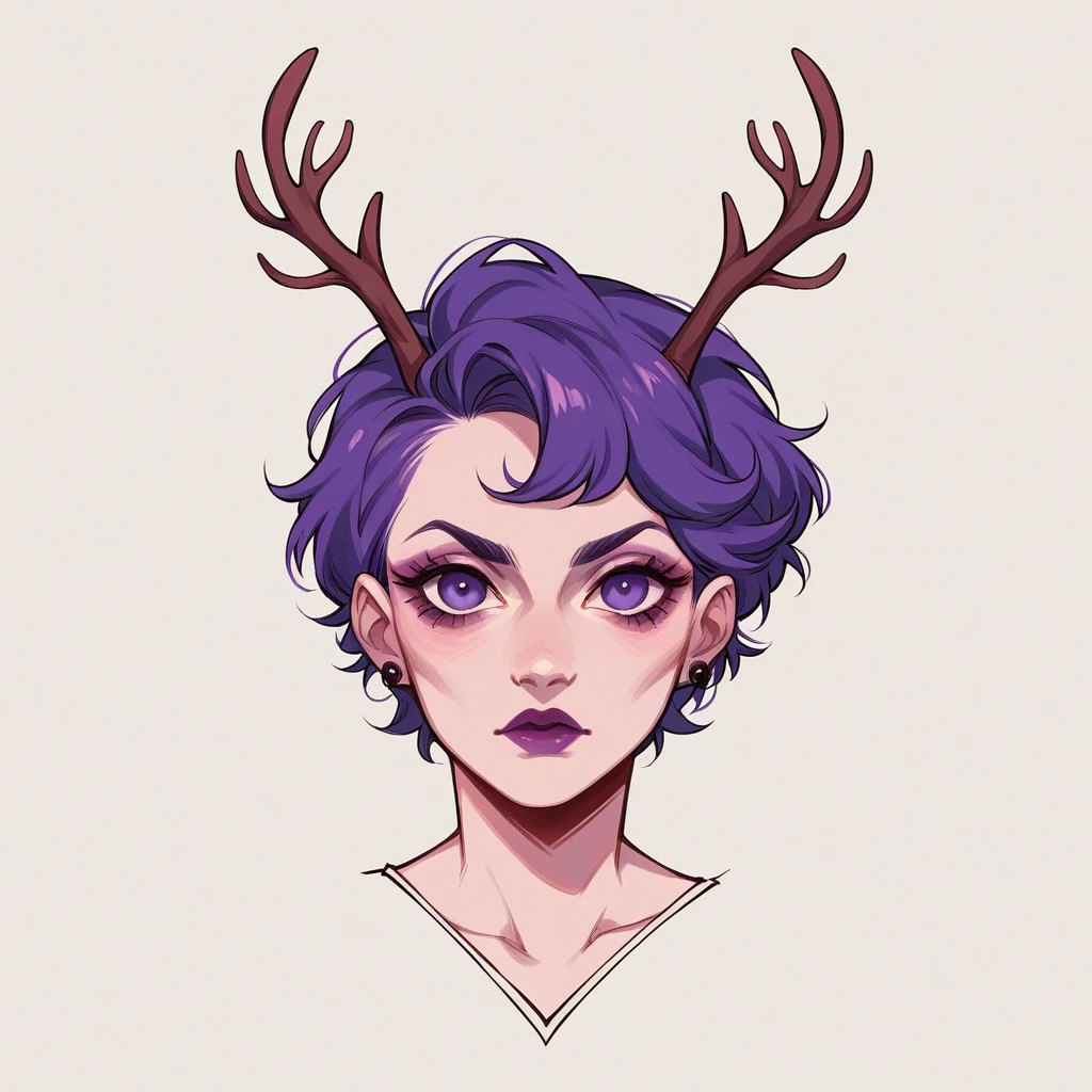 score_9, score_8_up, score_7_up, score_6_up, bg4, fierce Jackalope, antlers, short hair. purple black and fuchsia