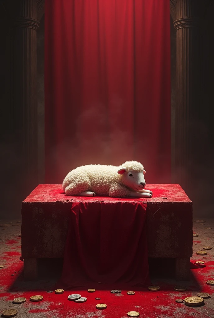 An altar stained with red paint with a lamb and coins on the floor