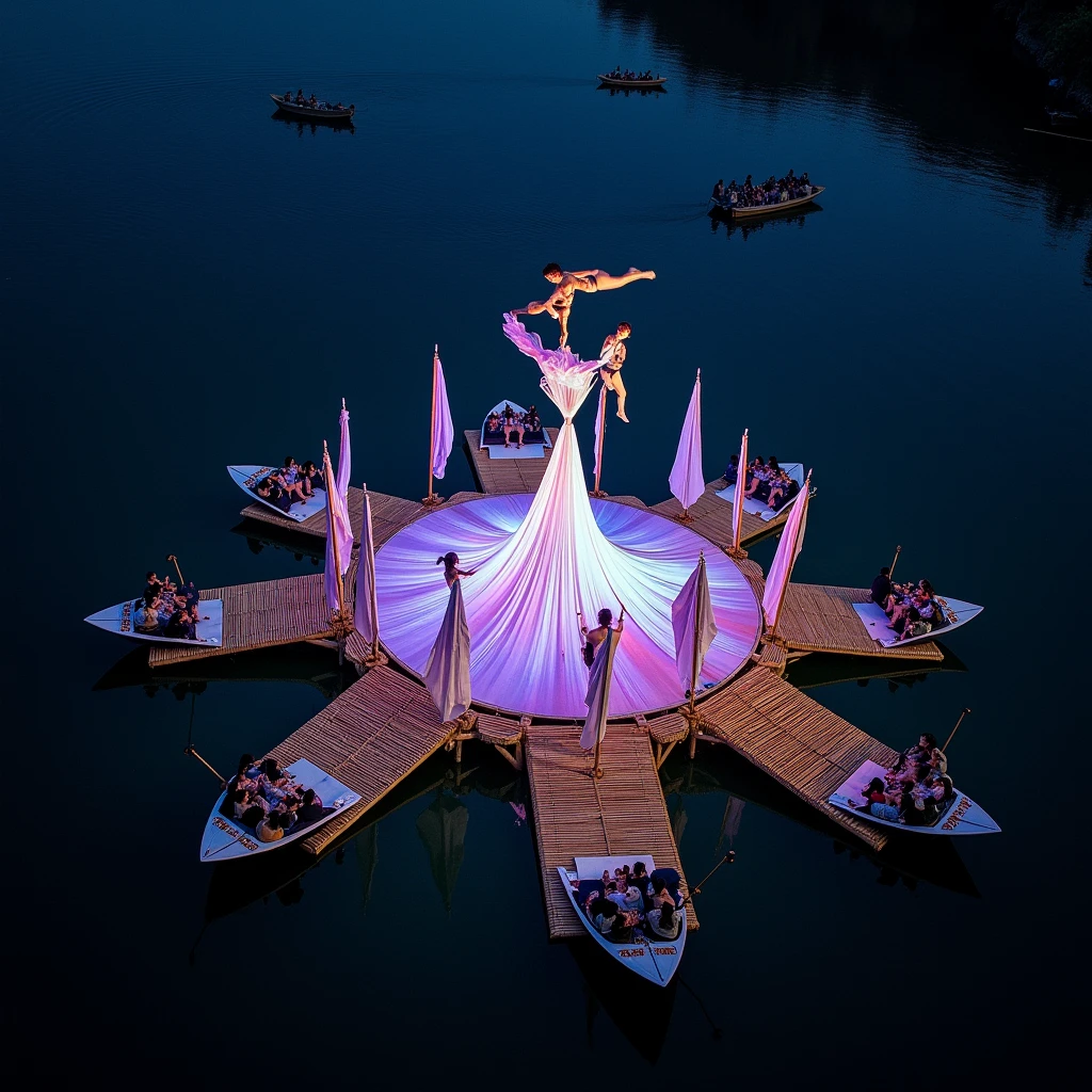 Aerial drone photo of a night aerial fabric circus show on Lake Atitlan . The stage is a platform composed of several floating bamboo rectangles with sails on a bamboo structure on which videos are projected.. The audience watches the show from Panarachel motor boats