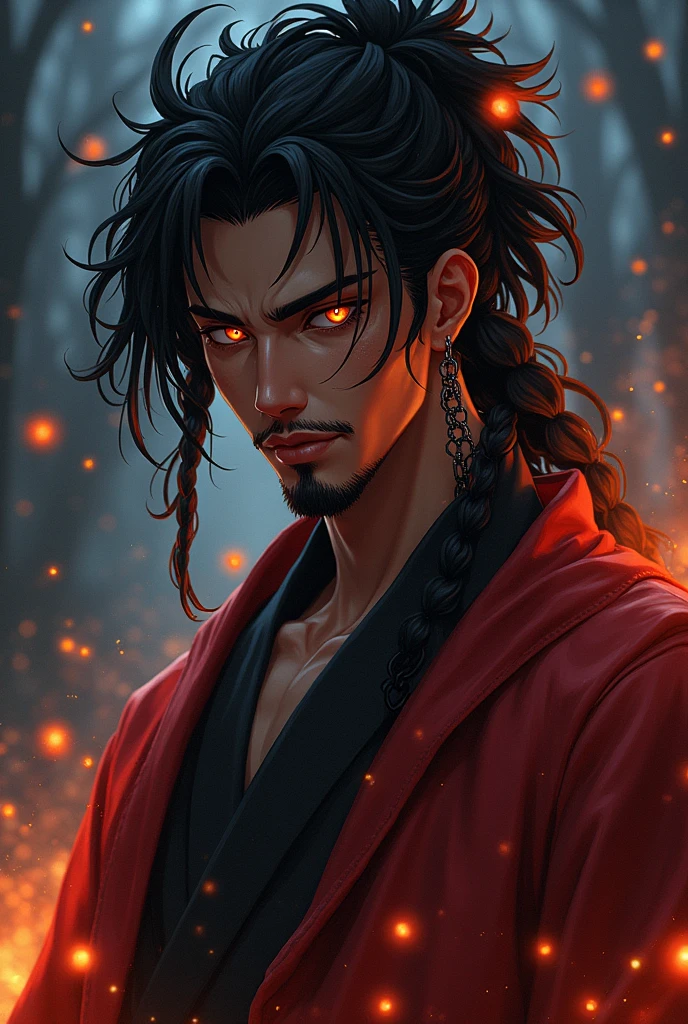 Prompts Copiar prompts absurdos, high resolution, ultra detaild, HDR, work of art, best qualityer, extremly detailed face and eyes, Rengoku Kyojuro, Bblack hair, detailed braids, goatee, expressive orange eyes, African traits, Kimetsu no Yaiba, standing alone, sexy man, bonitas, fancy, chains, fire flies