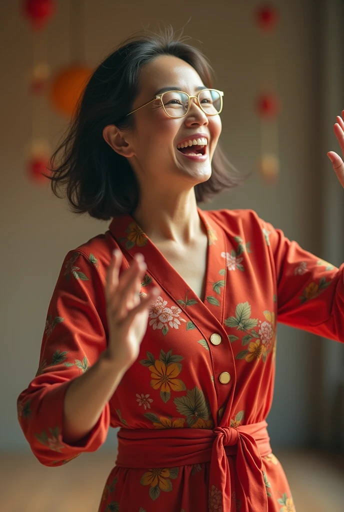 A middle -aged Asian woman, dancing, opening her chest, looking straight, smiling, shoulder hair, glasses on her head, original (best quality, 4k, 8k, highres, masterpieces: 1.2), Super Chi Tiet, (reality, optical, photos, photos- reality: 1.37), focus sharp, vivid colors, professional colors