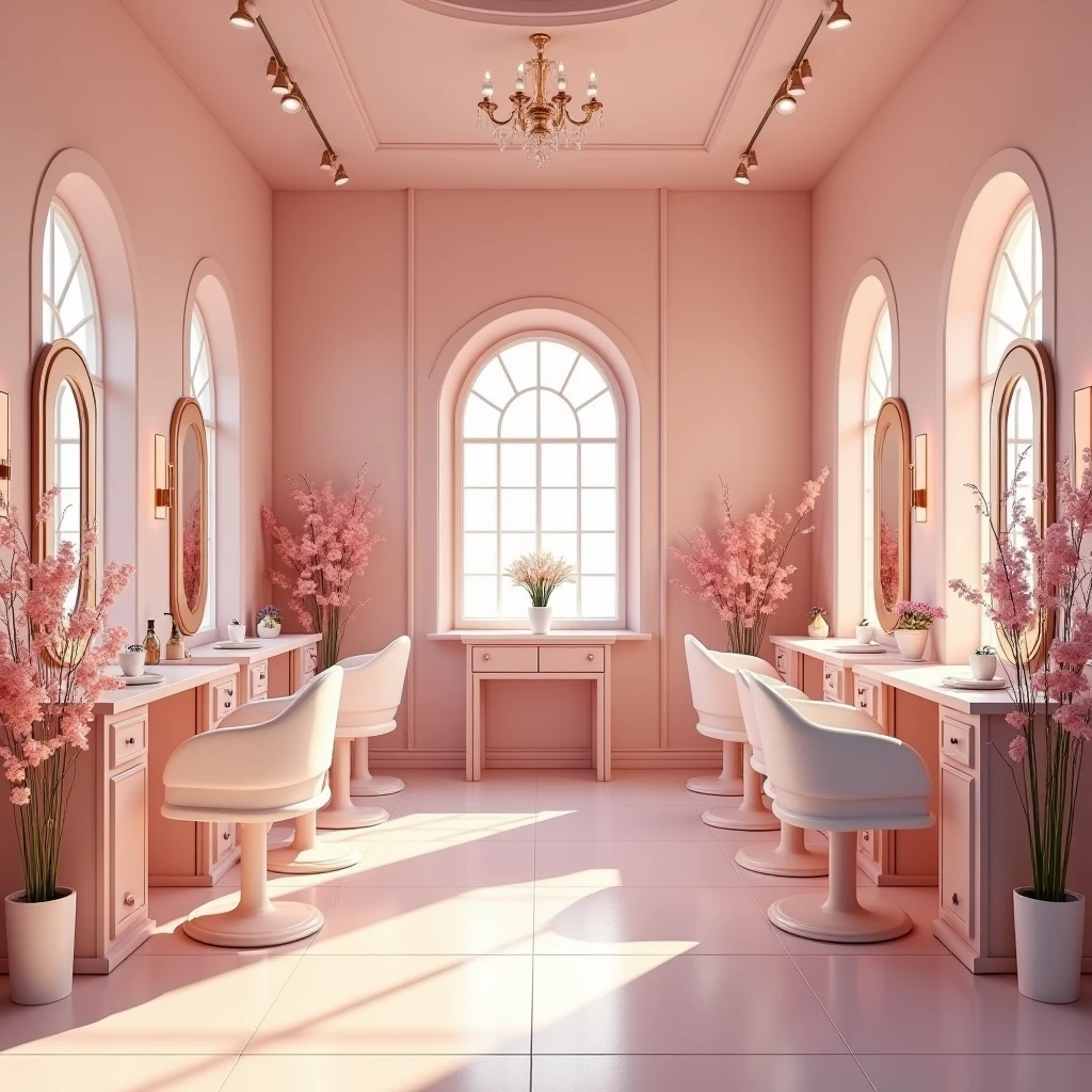 A simple and small beauty salon, but chic, inner part with pink tones and some flowers, showing chairs and mirrors. something realistic

