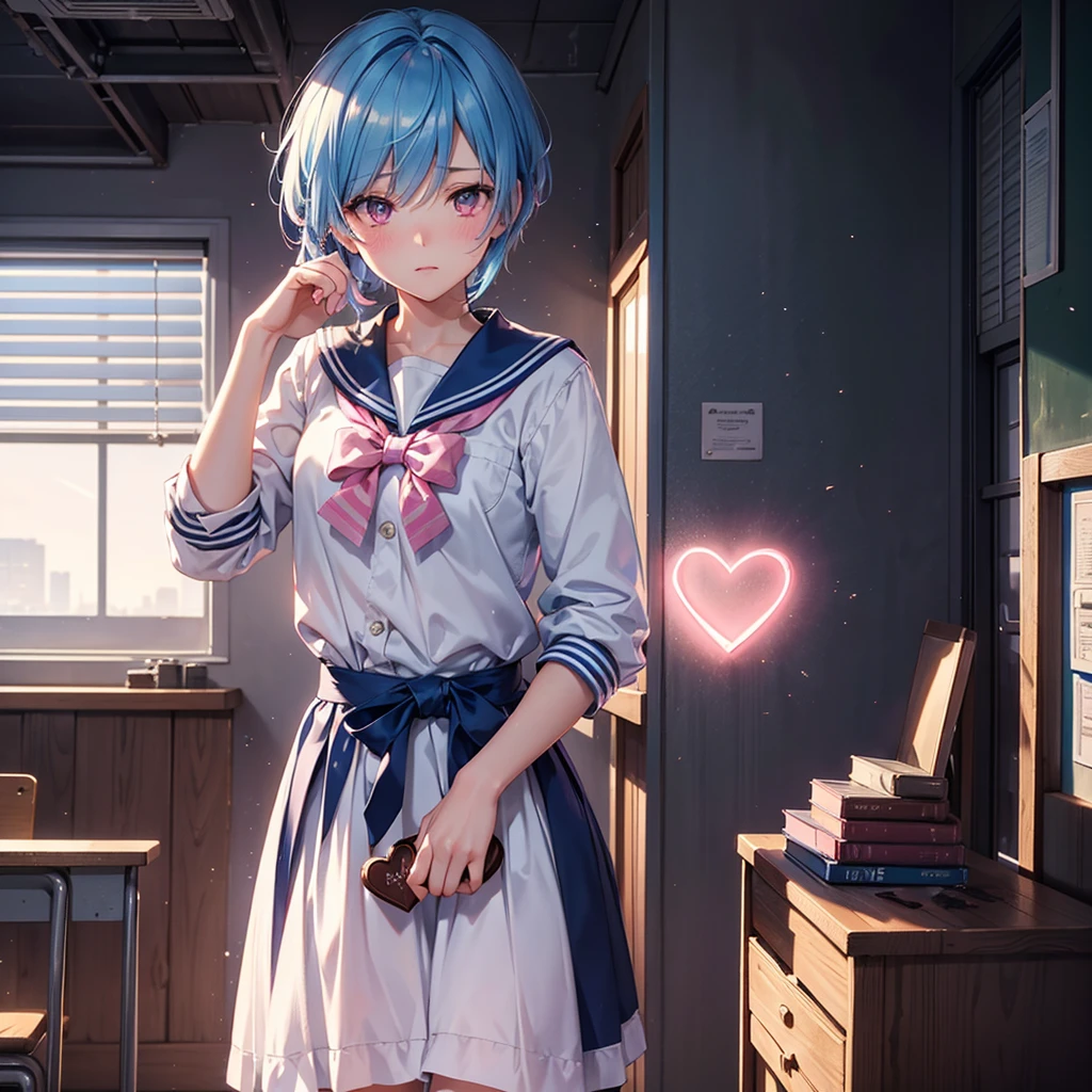 Sky blue hair,Braided short hair,Pink Eyes,Fair skin,whole body,one person,Embarrassed,The background is a school classroom,Heart lettering on a blackboard,Heart-shaped chocolate,Hand it forward with both hands,Sailor suit,valentineday,masterpiece, Highest quality, Very detailed, Best Shadow,Detailed Background,Beautifully detailed face,High Contrast,Best lighting,Very delicate and beautiful,Cinematic Light,Hyper Detail,8k,Dramatic Light, Intricate details,