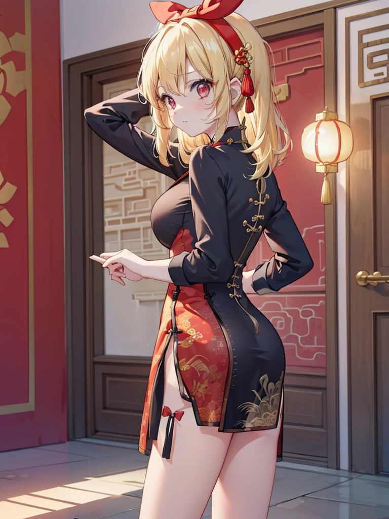 女の子 1 人、((Red Sleeveless Mini Cheongsam))、cute little、(Kpop Idle)、(Charming Monkey:1)、(Platinum Blonde Hair:1)、((Puffy eyes))、Looking for the observer side、full body Esbian、facing the front there