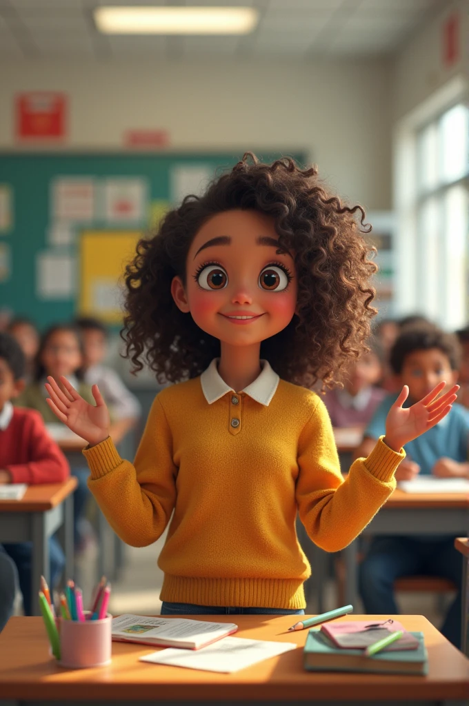 Light-skinned student with brown eyes and curly hair in a classroom greeting her classmates