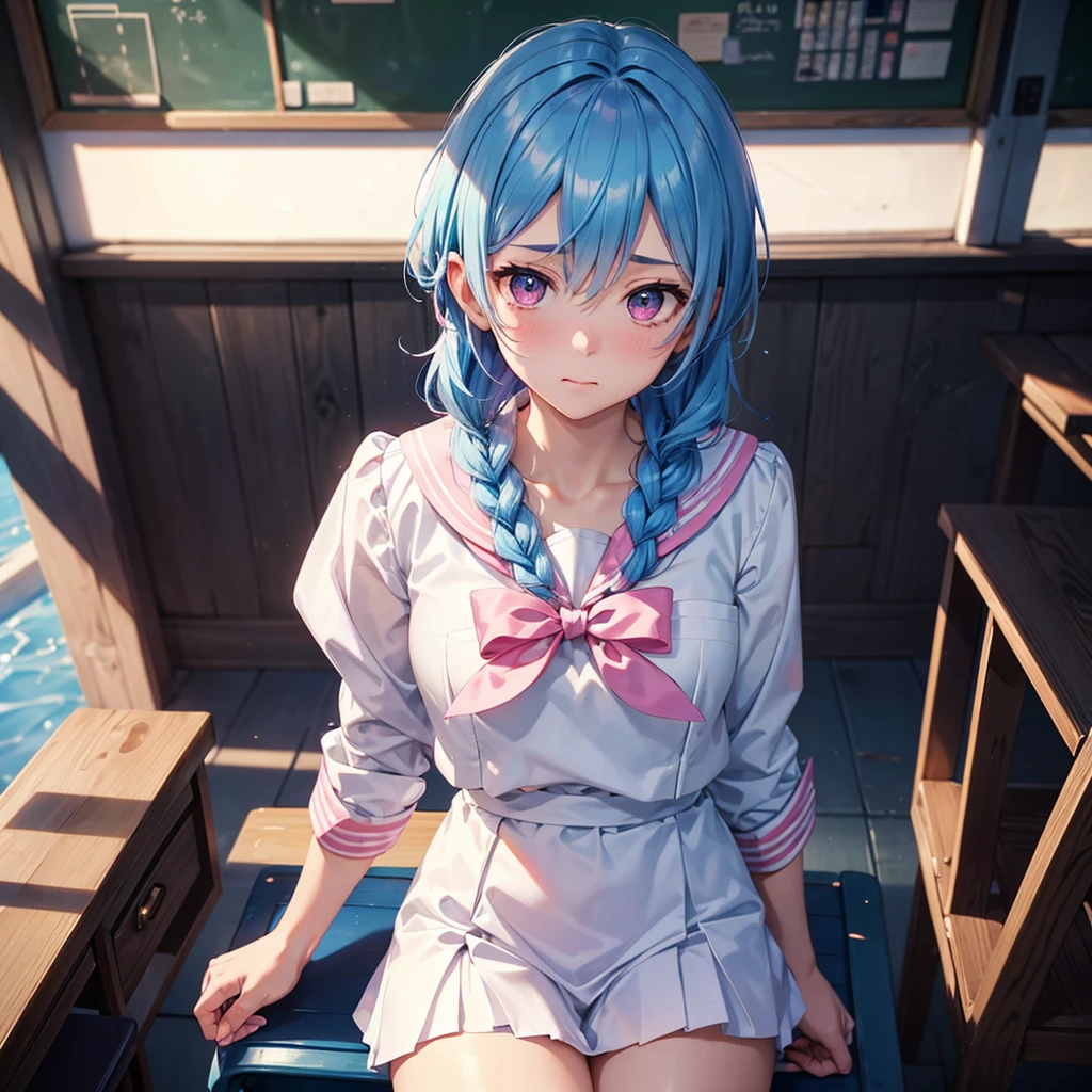 Sky blue hair,Braided short hair,Pink Eyes,Fair skin,whole body,one person,Embarrassed,The background is a school classroom,Heart lettering on a blackboard,Heart-shaped chocolate,Hand it forward with both hands,Sailor suit),valentineday,masterpiece, Highest quality, Very detailed, Best Shadow,Detailed Background,Beautifully detailed face,High Contrast,Best lighting,Very delicate and beautiful,Cinematic Light,Hyper Detail,8k,Dramatic Light, Intricate details,