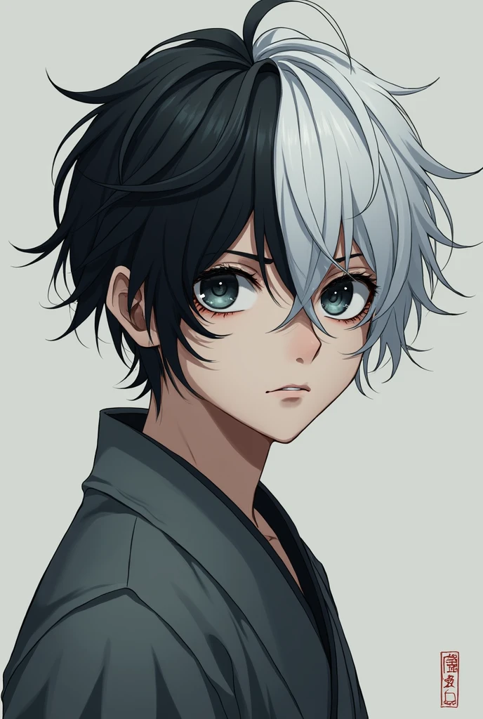 1boy, White and Black hair, long hair, black eyes, grey haori, calm, tired, tall, grey clothes, face shot, face, sharp eyes, black eyes, missing left eye, left eye covered, missing left eye, demon slayer uniform,