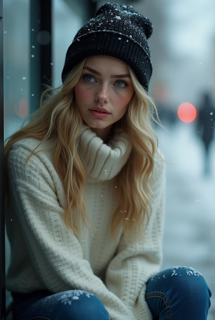 Masterpeace, A beautiful young woman in love, 22 years old, beautiful face, blonde, long wavy hair, blue eyes, white turtleneck sweater, blue jeans underneath, black winter hat on her head, it is cold and her face is cold, she is thoughtful and sad, crying, snowly, she is waiting at the bus stop for her lover whom she is about to break up with, She looks tearfully into the camera, sitting, Shooting from below