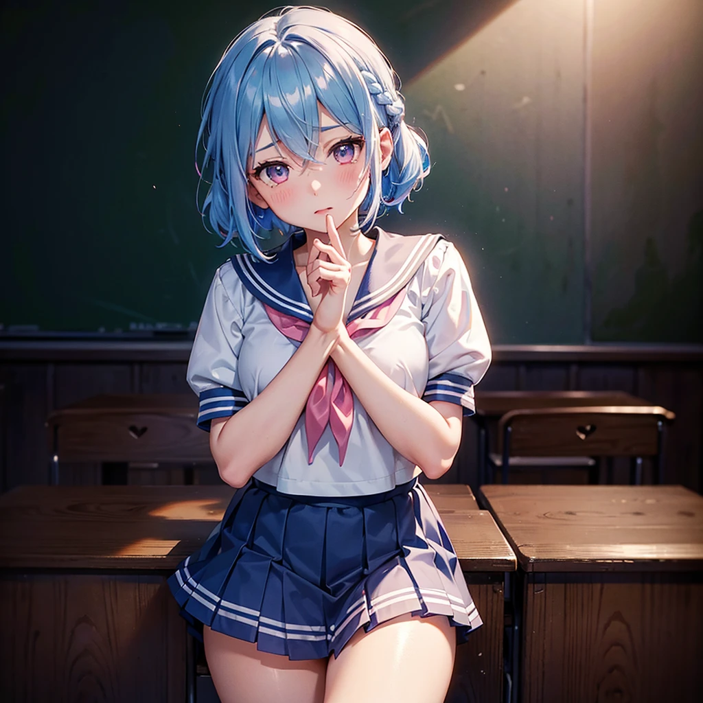 Sky blue hair,Braided short hair,Pink Eyes,Fair skin,whole body,one person,Embarrassed,The background is a school classroom,Heart lettering on a blackboard,Heart-shaped chocolate,Hand it forward with both hands,Sailor suit),valentineday,masterpiece, Highest quality, Very detailed, Best Shadow,Detailed Background,Beautifully detailed face,High Contrast,Best lighting,Very delicate and beautiful,Cinematic Light,Hyper Detail,8k,Dramatic Light, Intricate details,