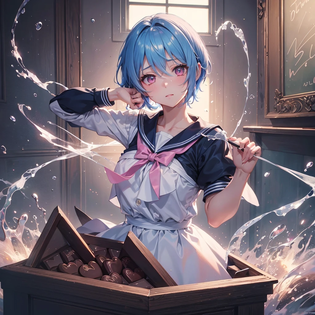 Sky blue hair,Braided short hair,Pink Eyes,Fair skin,whole body,one person,Embarrassed,The background is a school classroom,Heart lettering on a blackboard,Heart-shaped chocolate,Hand it forward with both hands,Sailor suit),valentineday,masterpiece, Highest quality, Very detailed, Best Shadow,Detailed Background,Beautifully detailed face,High Contrast,Best lighting,Very delicate and beautiful,Cinematic Light,Hyper Detail,8k,Dramatic Light, Intricate details,