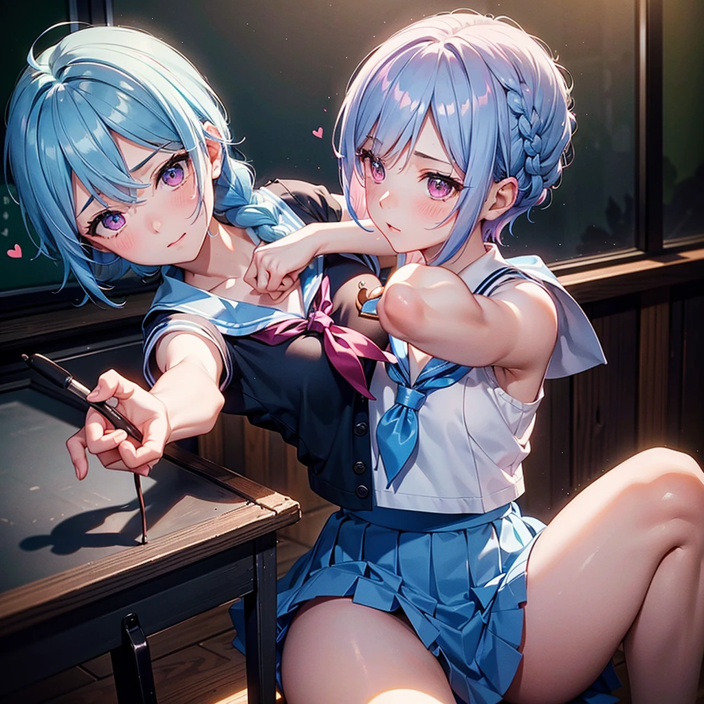 Sky blue hair,Braided short hair,Pink Eyes,Fair skin,whole body,one person,Embarrassed,The background is a school classroom,Heart lettering on a blackboard,Heart-shaped chocolate,Hand it forward with both hands,Sailor suit),valentineday,masterpiece, Highest quality, Very detailed, Best Shadow,Detailed Background,Beautifully detailed face,High Contrast,Best lighting,Very delicate and beautiful,Cinematic Light,Hyper Detail,8k,Dramatic Light, Intricate details,