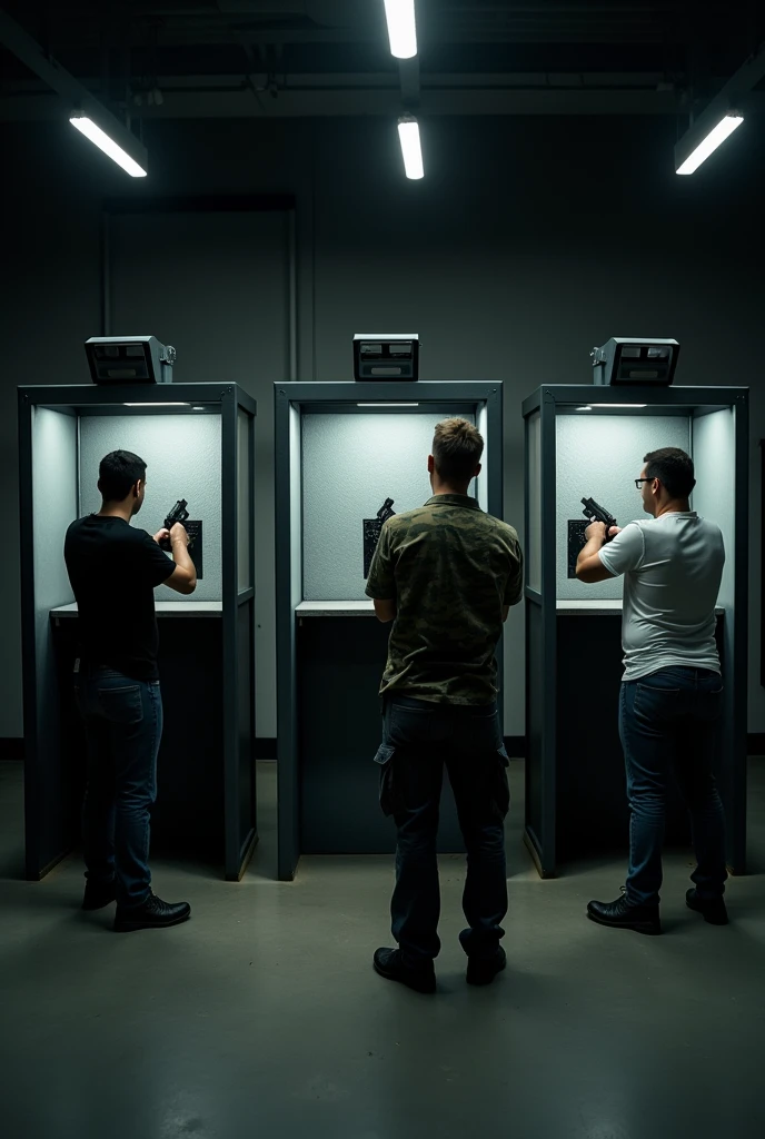 Dimly lit shooting range with 4 booths protected by bulletproof glass on the sides and 1 target in front of each booth. There are 2 people shooting pistols and 1 instructor dressed in a camouflage shirt and jeans watches the shooters from behind.