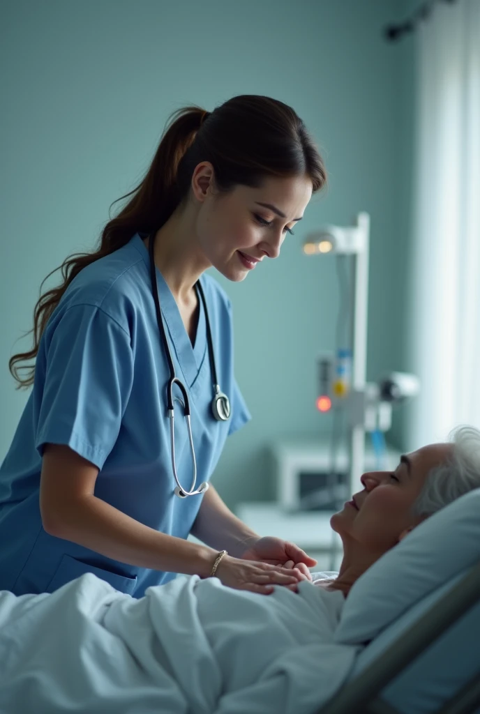 Generate a woman caring for a patient in a hospital 