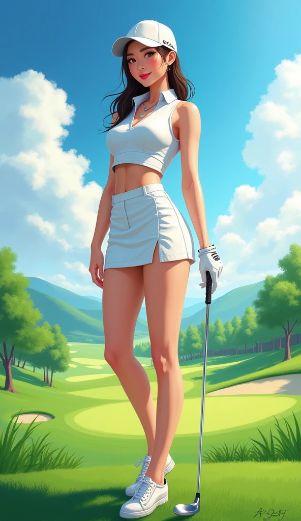 Make an Asian female model photo for a golf tournament poster, Full shot, The clothes are short skirts,
