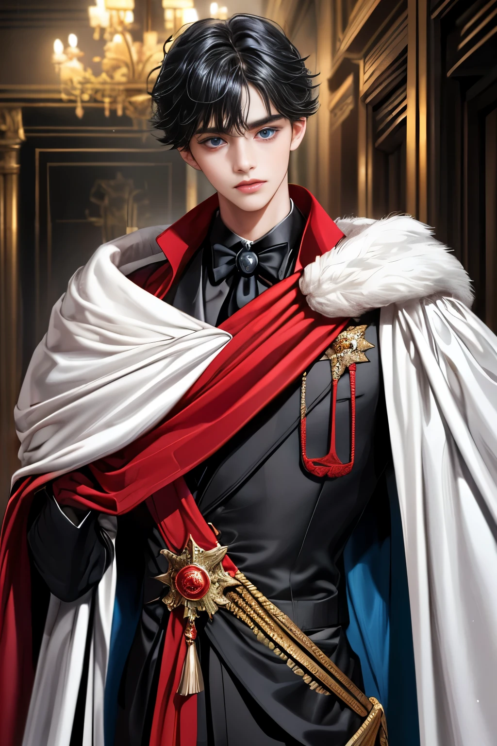 
masterpiece, 最high quality, high quality, 1 boy, alone, Male focus, Watching the audience,  Messy black hair, Adorable big blue eyes, White, Noble, Noble,A sexy, voluminous, puffy cape、tuxedo、A very voluminous, large, very large, very large, long, long red and black cape with a high stand-up collar, made of a lot of fabric that reaches down to the floor., ,Cute beautiful boys,Cute, cute, kind, handsome guy
