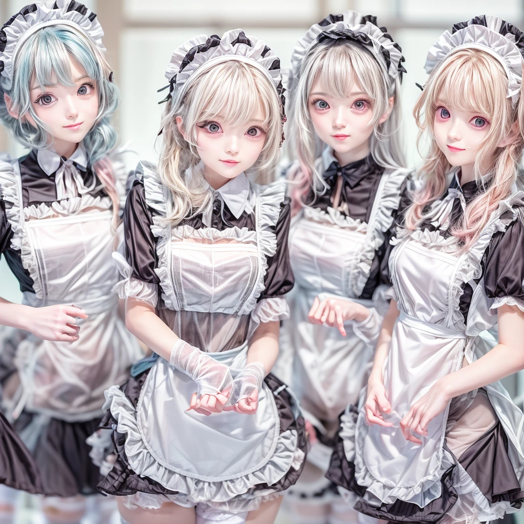 (Full Body of Extremely Detailed((Kawaii Maid Group in a row:1.37))), Childish perfect face, Reflective Eyes, Detailed(Delicate Clothing textures), Correct Leg Line, Dynamic Joyful Expressions LifeLike Rendering, Specular Reflection, TopQuality 8K Ultra-detailed masterpiece (ProfessionalPhoto:1.37), (Acutance:0.8), (Luminism:1.28), (Renaissance art style), Colorful Light particles, ((Full body from side)), {MicroMini(SkirtLift)|Kissing|Breast Lifting|Undressing|Thigh Gap}, Radiant Fine Skin with Transparency, (Exposed:0.5), (Different types of Anime hair color){Pink Hair|Light Blue Hair|Pure White Hair}, Perfect Lighting 