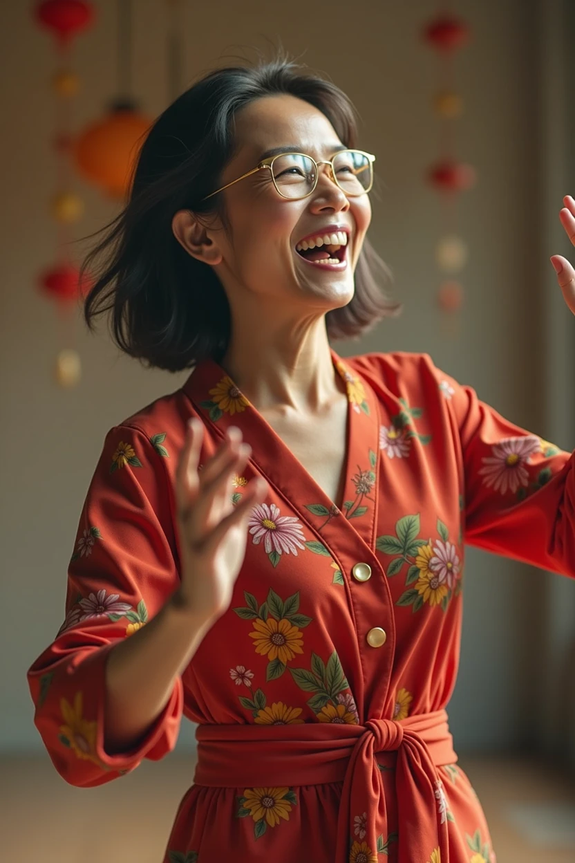 A middle -aged Asian woman, dancing, opening her chest, looking straight, smiling, shoulder hair, glasses on her head, original (best quality, 4k, 8k, highres, masterpieces: 1.2), Super Chi Tiet, (reality, optical, photos, photos- reality: 1.37), focus sharp, vivid colors, professional colors