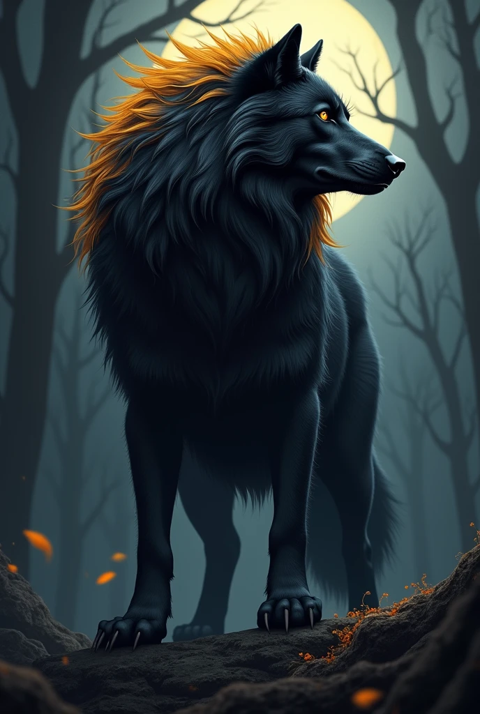 A giant black Wolf with yellow hairs on the ends of the mane