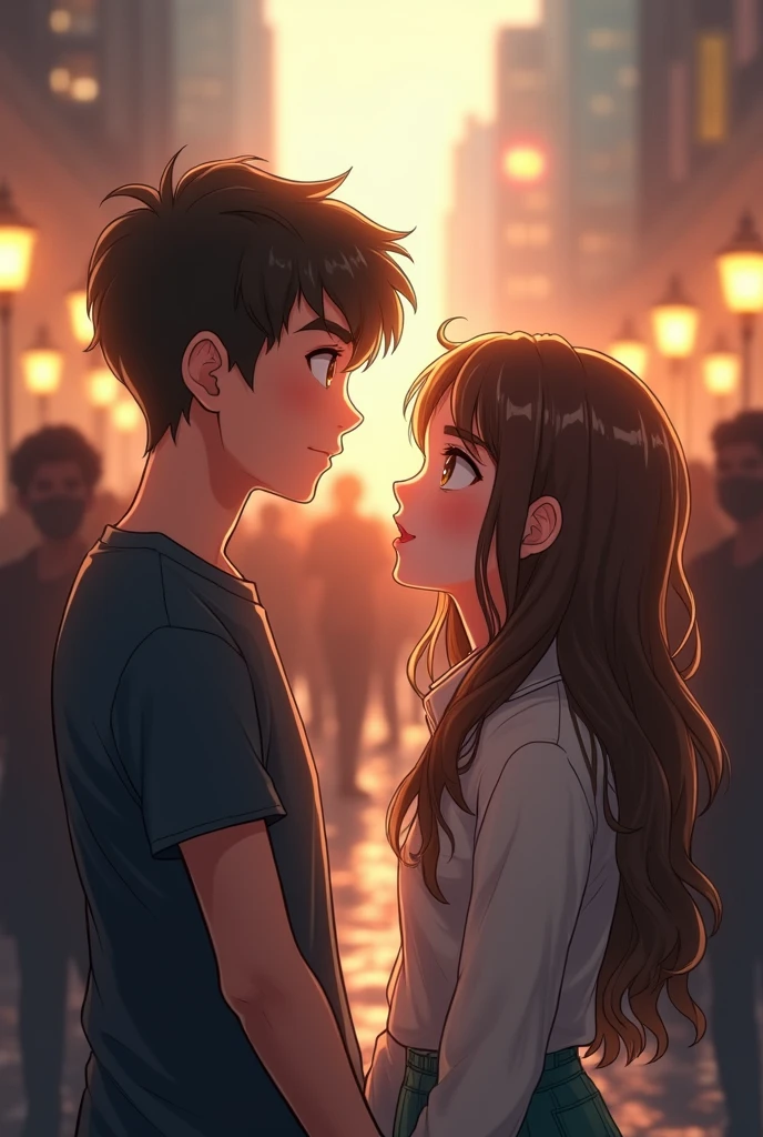 The protagonists meeting for the first time. There is an instant connection and chemistry between them. They look into each other&#39;s eyes and feel like they are destined to be together.. illustration: A boy and a girl stare at each other in a crowded place, with a blurred background that highlights their connection.