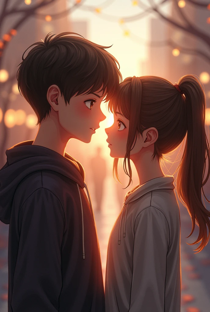 The protagonists meeting for the first time. There is an instant connection and chemistry between them. They look into each other&#39;s eyes and feel like they are destined to be together.. illustration: A boy and a girl stare at each other in a crowded place, with a blurred background that highlights their connection.