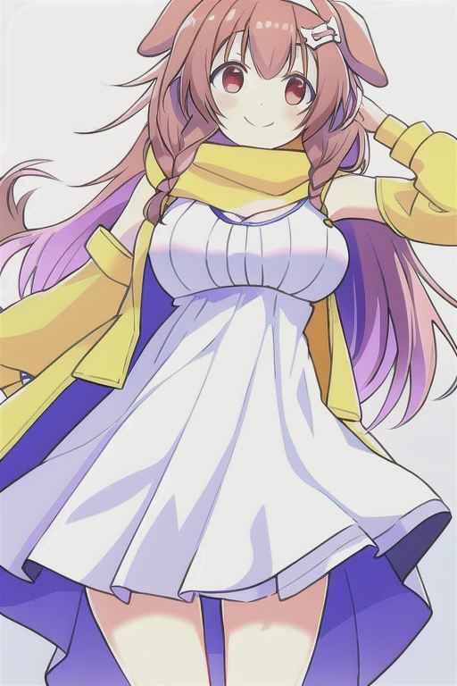 Korone, smile, dog ears, dog tail, twin braids, sidelocks, hair ornament, ((white dress)), yellow jacket, dress, jacket, open clothes, open jacket, short dress, sleeveless dress, large breasts, thick thighs, mature female, bandana, scarf, hourglass figure