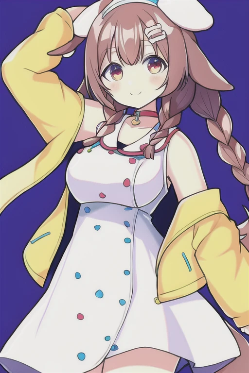Korone, smile, dog ears, dog tail, twin braids, sidelocks, hair ornament, ((white dress)), yellow jacket, dress, jacket, open clothes, open jacket, short dress, sleeveless dress, large breasts, thick thighs, mature female, bandana, scarf, hourglass figure