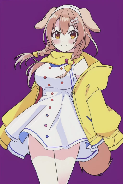 Korone, smile, dog ears, dog tail, twin braids, sidelocks, hair ornament, ((white dress)), yellow jacket, dress, jacket, open clothes, open jacket, short dress, sleeveless dress, large breasts, thick thighs, mature female, bandana, scarf, hourglass figure