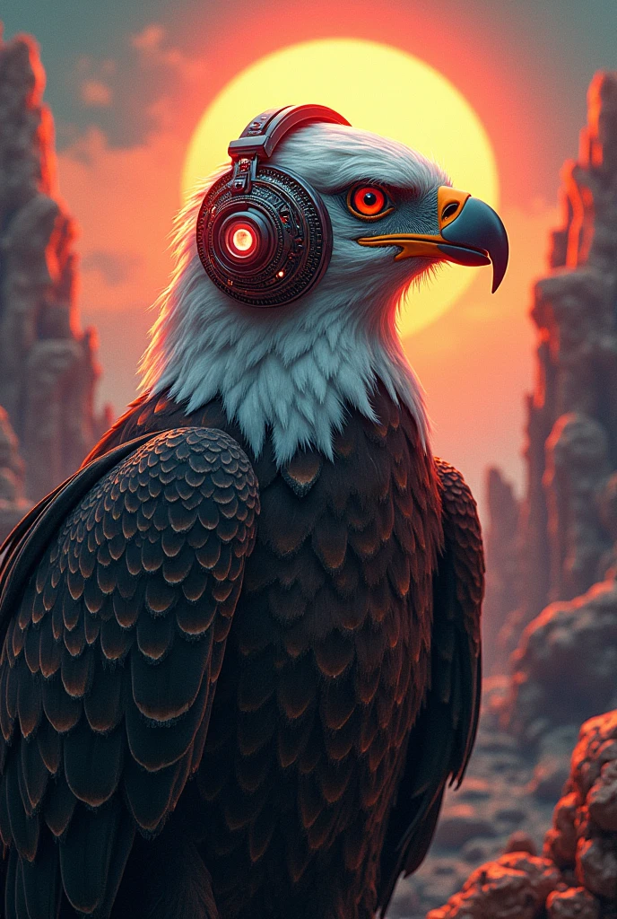 (Enwynkpunk:1.2) (Synthetic Style:0.8) DJ Eagle, Headphones, Anthropology, Lightwave, Sunset, intricate, Very detailed