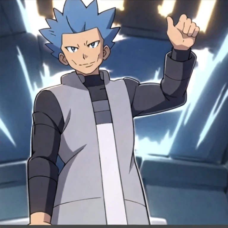 (masterpiece, best quality:1.2,ultra detailed,8k),1boy,solo,Cyrus \(pokemon\),blue hair,black eyes,long sleeves,spiked hair,looking at viewer,smile, Team Galactic