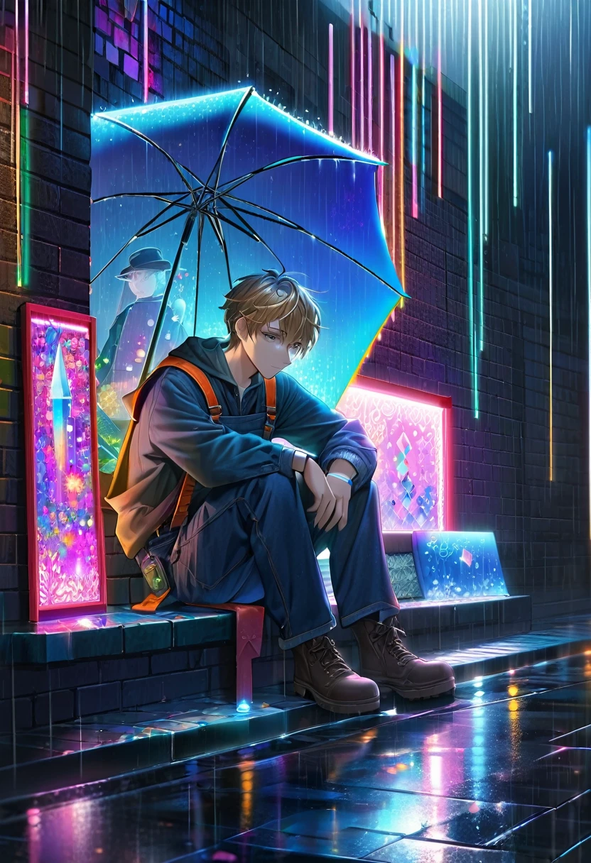 A mesmerizing, colorful artwork featuring a neon lighting effect with crystal-like elements. The lighting is combined with an intricate, human-shaped fretwork design, creating a tender scene of a man accidentally bringing an umbrella to a sad girl sitting in the rain. The background is a gloomy black wall, while the intricate illumination is created using thin lines of light. The overall resolution of the piece is 250K, capturing the delicate details of the scene.