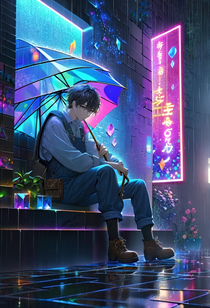 A mesmerizing, colorful artwork featuring a neon lighting effect with crystal-like elements. The lighting is combined with an intricate, human-shaped fretwork design, creating a tender scene of a man accidentally bringing an umbrella to a sad girl sitting in the rain. The background is a gloomy black wall, while the intricate illumination is created using thin lines of light. The overall resolution of the piece is 250K, capturing the delicate details of the scene.