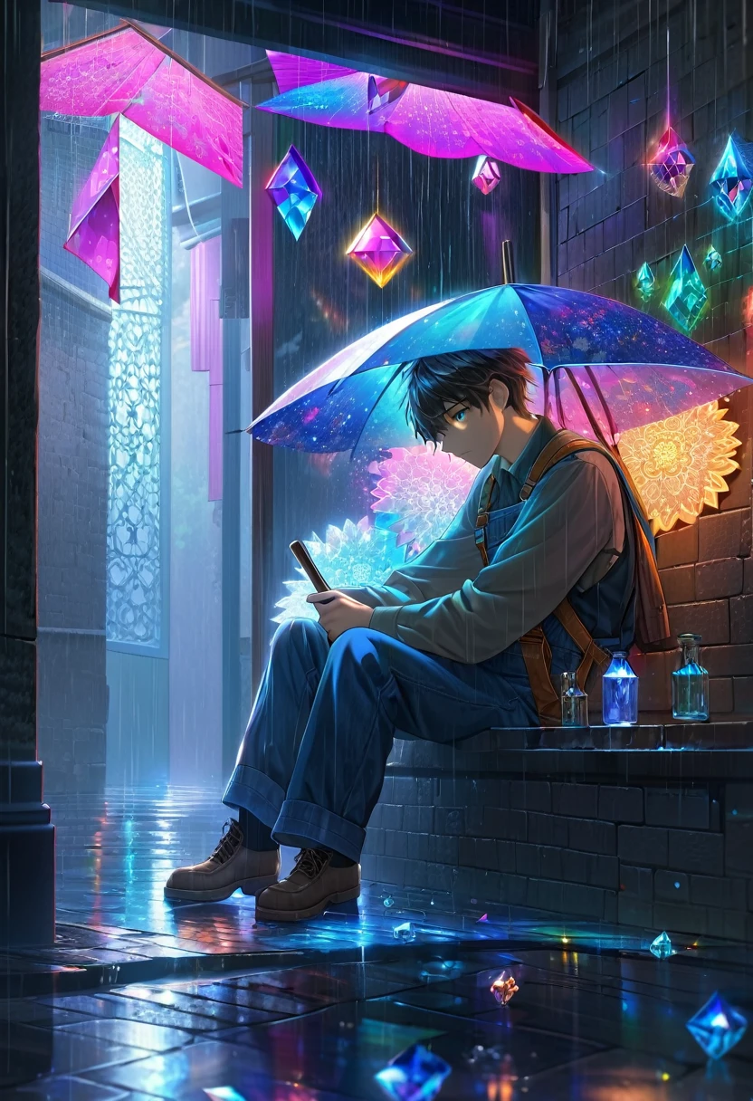 A mesmerizing, colorful artwork featuring a neon lighting effect with crystal-like elements. The lighting is combined with an intricate, human-shaped fretwork design, creating a tender scene of a man accidentally bringing an umbrella to a sad girl sitting in the rain. The background is a gloomy black wall, while the intricate illumination is created using thin lines of light. The overall resolution of the piece is 250K, capturing the delicate details of the scene.