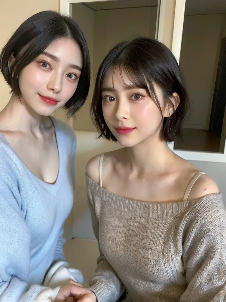 (masterpiece:1.3), (8k, Photoreal, Raw photo, best image quality: 1.4), Japanese high school girl、(random hairstyle:1.2)、cleavage:1.5、super detail face、eye for details、double eyelid、chest to chest、sharp focus:1.2、Beautiful woman:1.4、light brown hair、highest quality、masterpiece、超A high resolution、(Photoreal:1.4)、Highly detailed and professionally lit smiles、loose and light knitwear、shoulder out、thin、serious expression、short haired、deadly position
similar identical twins
All the girls have the exact same face, The two have the same face and figure, as if they were mirror images.