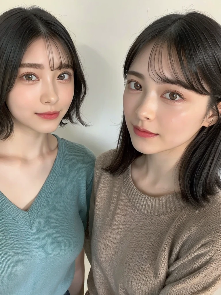 (masterpiece:1.3), (8k, Photoreal, Raw photo, best image quality: 1.4), Japanese high school girl、(random hairstyle:1.2)、cleavage:1.5、super detail face、eye for details、double eyelid、chest to chest、sharp focus:1.2、Beautiful woman:1.4、light brown hair、highest quality、masterpiece、超A high resolution、(Photoreal:1.4)、Highly detailed and professionally lit smiles、loose and light knitwear、shoulder out、thin、serious expression、short haired、deadly position
similar identical twins
All the girls have the exact same face, The two have the same face and figure, as if they were mirror images.