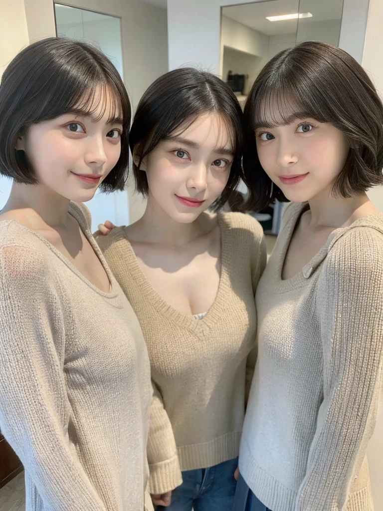 (masterpiece:1.3), (8k, Photoreal, Raw photo, best image quality: 1.4), Japanese high school girl、(random hairstyle:1.2)、cleavage:1.5、super detail face、eye for details、double eyelid、chest to chest、sharp focus:1.2、Beautiful woman:1.4、light brown hair、highest quality、masterpiece、超A high resolution、(Photoreal:1.4)、Highly detailed and professionally lit smiles、loose and light knitwear、shoulder out、thin、serious expression、short haired、deadly position
similar identical twins
All the girls have the exact same face, The two have the same face and figure, as if they were mirror images.