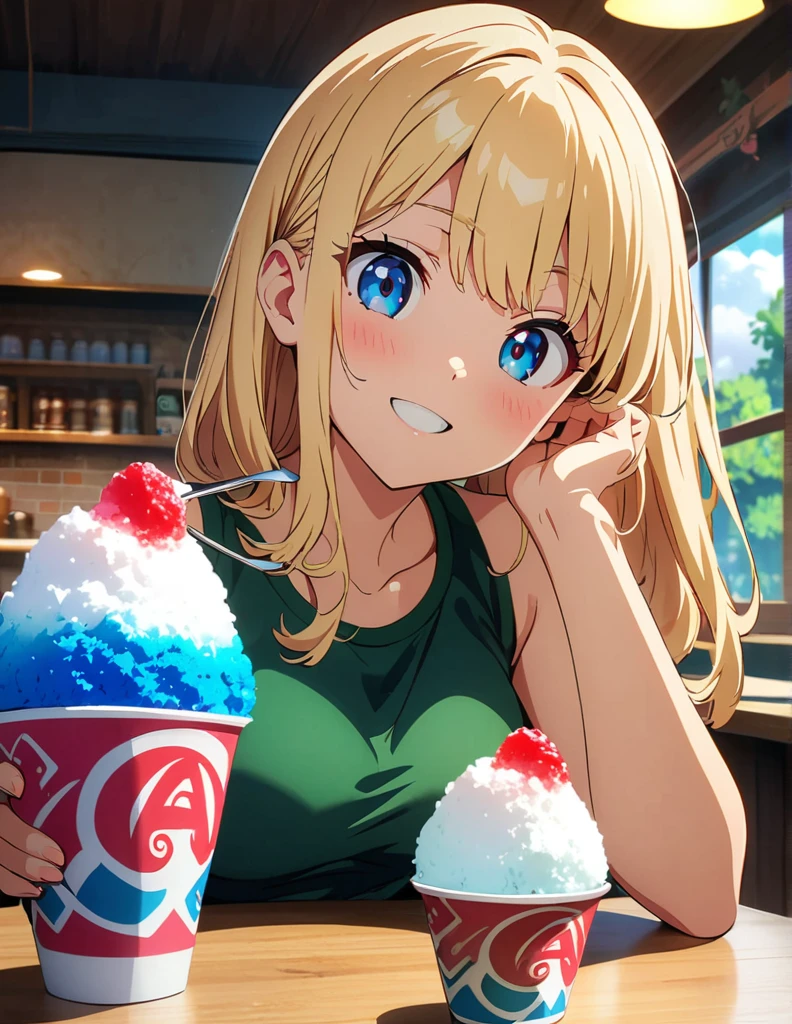 (anime artwork, anime style, studio anime, very detailed, up to date, vibrant, Anime Coloring, high contrast, masterpiece:1.2, best quality, best aesthetics),(2 girl:1.5),Best quality,light smile,{{incoming_shaved ice}}, {{feeding}}, holding_spoon, foreshortening,{{blurry_foreground}}, blush, open mouth, head_tilt, perfect anatomy,cafe, 