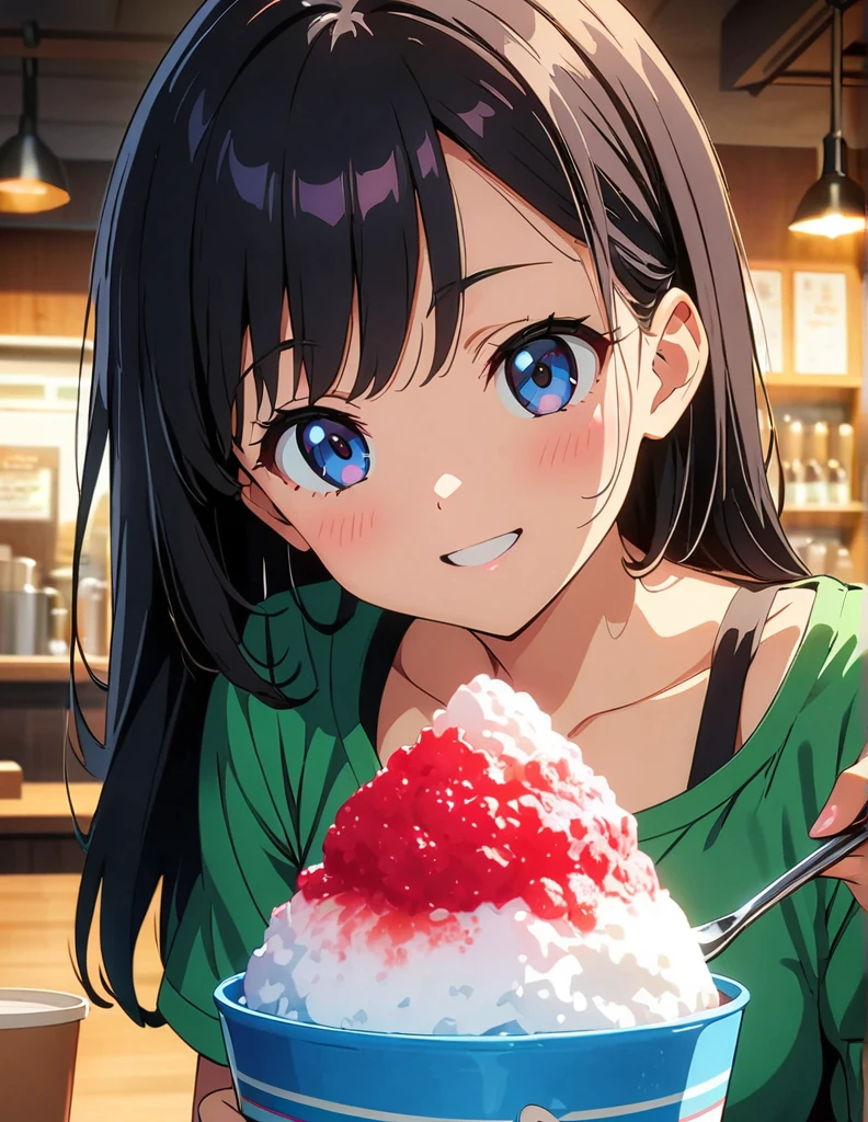 (anime artwork, anime style, studio anime, very detailed, up to date, vibrant, Anime Coloring, high contrast, masterpiece:1.2, best quality, best aesthetics),(2 girl:1.5),Best quality,light smile,{{incoming_shaved ice}}, {{feeding}}, holding_spoon, foreshortening,{{blurry_foreground}}, blush, open mouth, head_tilt, perfect anatomy,cafe,