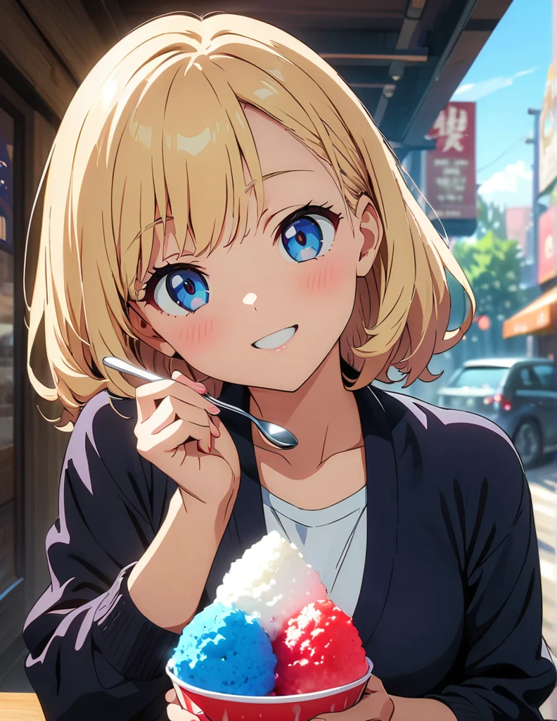 (anime artwork, anime style, studio anime, very detailed, up to date, vibrant, Anime Coloring, high contrast, masterpiece:1.2, best quality, best aesthetics),(2 girl:1.5),Best quality,light smile,{{incoming_shaved ice}}, {{feeding}}, holding_spoon, foreshortening,{{blurry_foreground}}, blush, open mouth, head_tilt, perfect anatomy,cafe, 