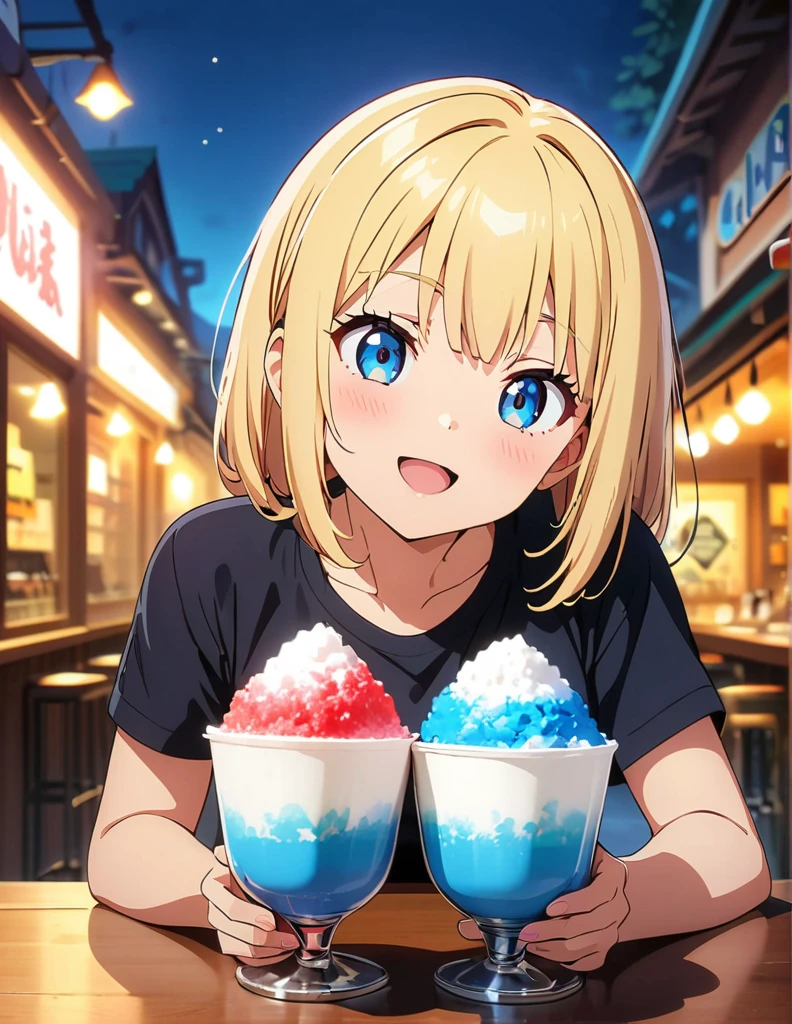 (anime artwork, anime style, studio anime, very detailed, up to date, vibrant, Anime Coloring, high contrast, masterpiece:1.2, best quality, best aesthetics),(2 girl:1.5),Best quality,light smile,{{incoming_shaved ice}}, {{feeding}}, holding_spoon, foreshortening,{{blurry_foreground}}, blush, open mouth, head_tilt, perfect anatomy,cafe, 