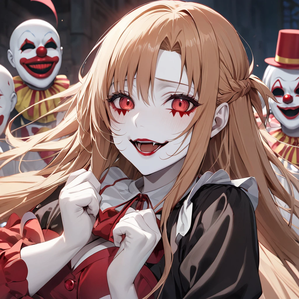 ((Highest quality)), ((masterpiece)), (detailed), （Perfect Face）、((The woman is Yuuki Asuna, with light brown, medium-long hair, pure white skin, and is wearing a creepy clown costume and a creepy clown mask.))、Woman is a creepy and evil clown with makeup on her face and a red nose、The woman is a creepy, evil, and lewd clown who has given her soul to an evil organization.