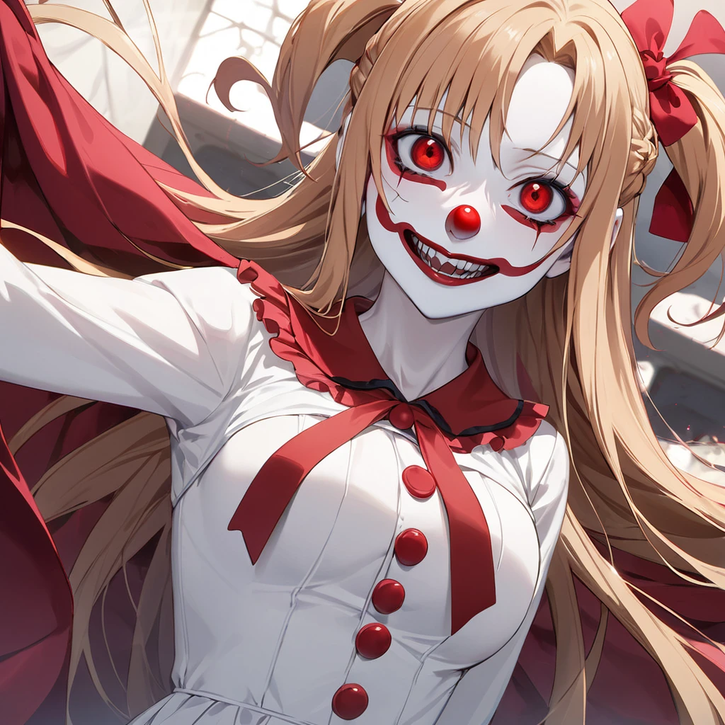 ((Highest quality)), ((masterpiece)), (detailed), （Perfect Face）、((The woman is Yuuki Asuna, with light brown, medium-long hair, pure white skin, and is wearing a creepy clown costume and a creepy clown mask.))、Woman is a creepy and evil clown with makeup on her face and a red nose、The woman is a creepy, evil, and lewd clown who has given her soul to an evil organization.